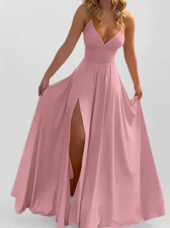 Robe longue rose poudré à col en V et bretelles fendue jusqu'à la cuisse pour femme