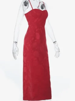 Robe longue rouge à imprimé floral jacquard pour femme - Robe nuisette romantique et ajustée - Tenues d'été pour un rendez-vous galant 2026