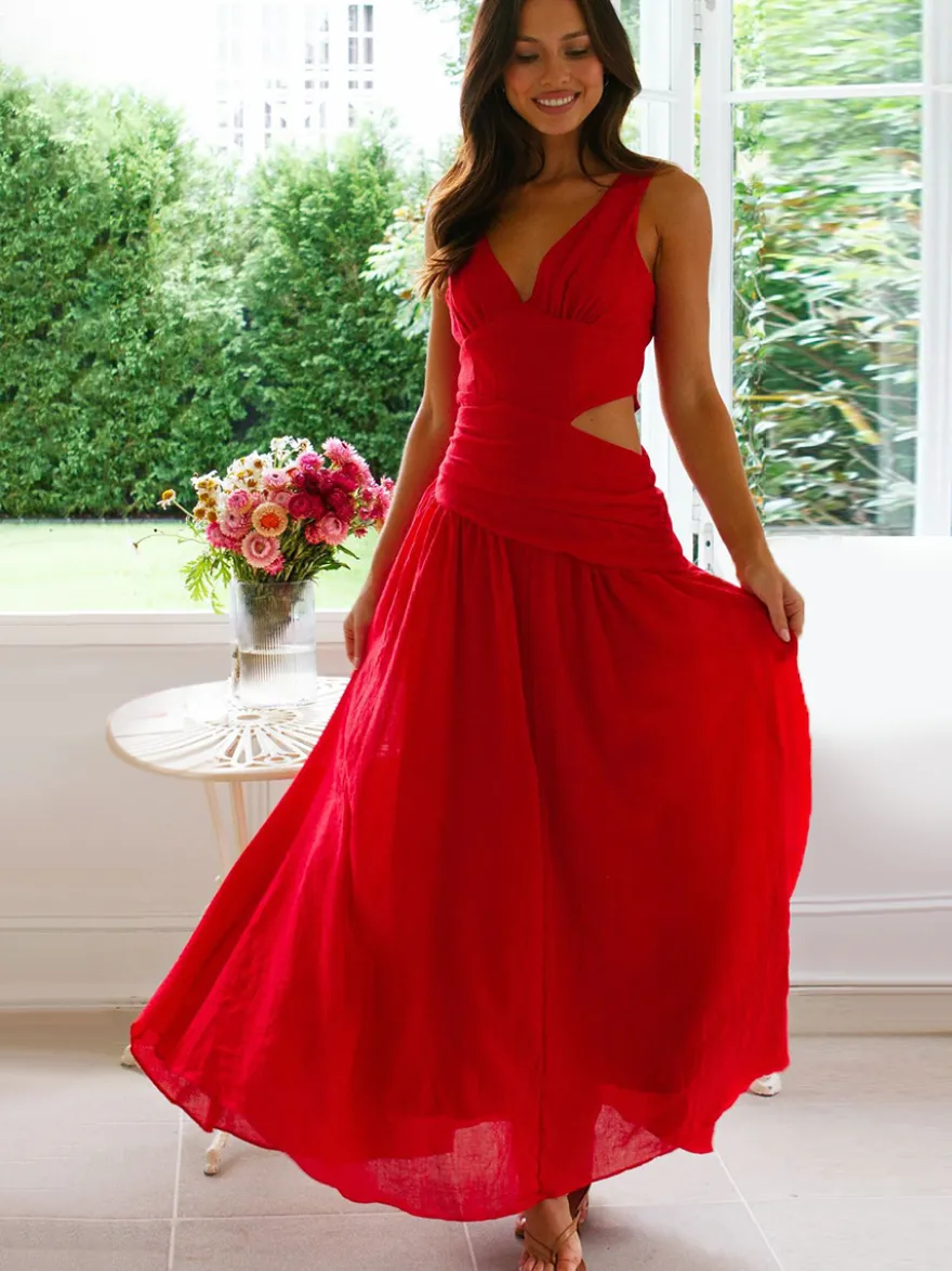 Robe longue sans manches à découpes pour femme - Robe bohème fluide trapèze dos nu et col en V froncé - Idéale pour les invités aux mariages d'été 2026