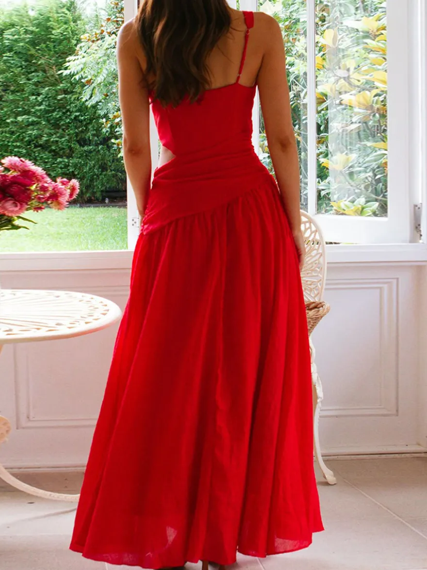 Robe longue sans manches à découpes pour femme - Robe bohème fluide trapèze dos nu et col en V froncé - Idéale pour les invités aux mariages d'été 2026