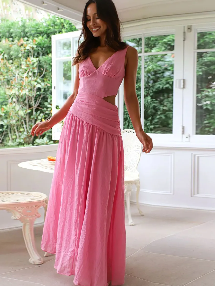 Robe longue sans manches à découpes pour femme - Robe bohème fluide trapèze dos nu et col en V froncé - Idéale pour les invités aux mariages d'été 2026