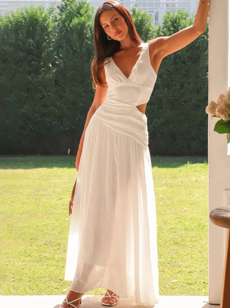 Robe longue sans manches à découpes pour femme - Robe bohème fluide trapèze dos nu et col en V froncé - Idéale pour les invités aux mariages d'été 2026