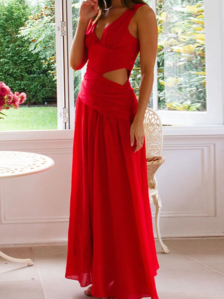 Robe longue sans manches à découpes pour femme - Robe bohème fluide trapèze dos nu et col en V froncé - Idéale pour les invités aux mariages d'été 2026