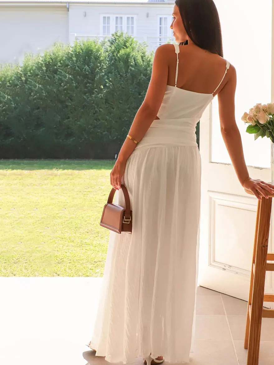 Robe longue sans manches à découpes pour femme - Robe bohème fluide trapèze dos nu et col en V froncé - Idéale pour les invités aux mariages d'été 2026