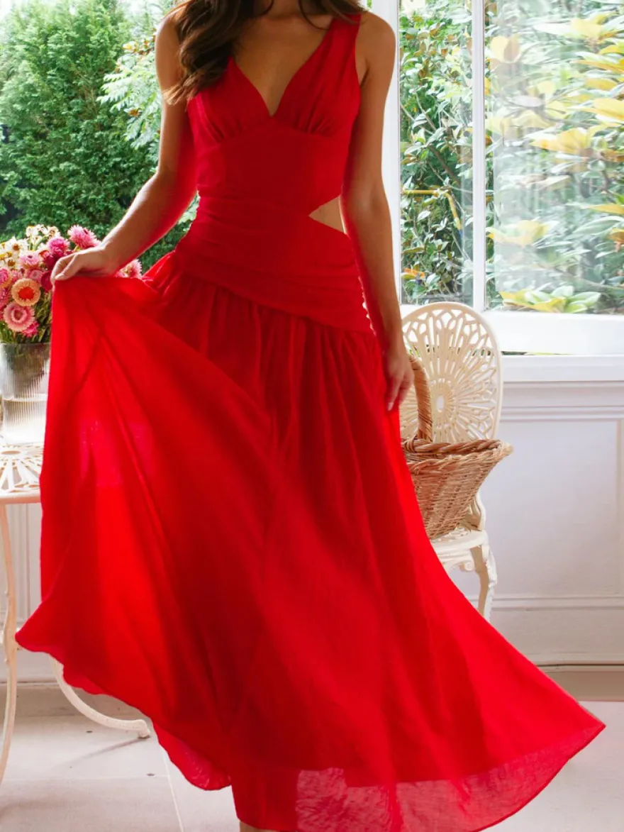 Robe longue sans manches à découpes pour femme - Robe bohème fluide trapèze dos nu et col en V froncé - Idéale pour les invités aux mariages d'été 2026
