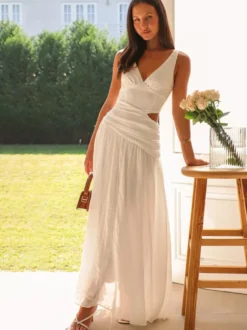 Robe longue sans manches à découpes pour femme - Robe bohème fluide trapèze dos nu et col en V froncé - Idéale pour les invités aux mariages d'été 2026