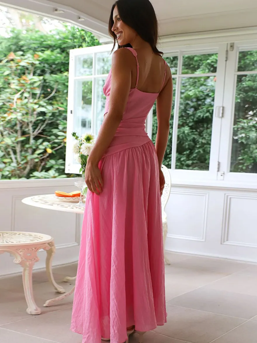 Robe longue sans manches à découpes pour femme - Robe bohème fluide trapèze dos nu et col en V froncé - Idéale pour les invités aux mariages d'été 2026