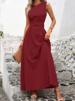 Robe longue sans manches à nouer à la taille pour femme - Robe d'été décontractée unie coupe trapèze avec poches - Vacances d'été à la plage 2026