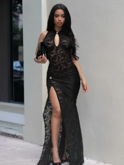 Robe longue sexy en dentelle découpée pour femme - Robe de soirée moulante à fente haute et fronces - Idéale pour les soirées d'été en club 2026