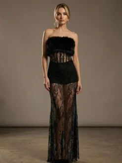 Robe longue sexy en fausse fourrure et dentelle pour femme - Body bustier noir sans bretelles avec jupe transparente - Soirée d'été 2026