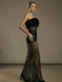 Robe longue sexy en fausse fourrure et dentelle pour femme - Body bustier noir sans bretelles avec jupe transparente - Soirée d'été 2026