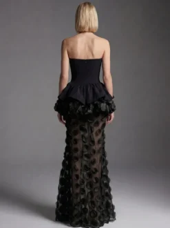 Robe longue sirène bustier à basque et volants pour femme en maille florale 3D transparente robe de soirée longue et élégante