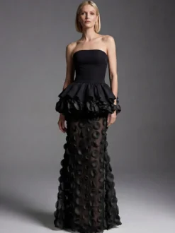 Robe longue sirène bustier à basque et volants pour femme en maille florale 3D transparente robe de soirée longue et élégante