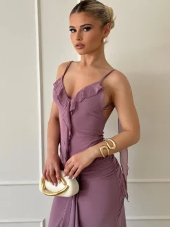 Robe longue sirène froncée dos nu à volants et rosettes pour femme 2026