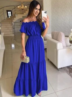 Robe longue smockée à épaules dénudées pour femme - Robe de plage bohème à volants et manches bouffantes - Été 2026