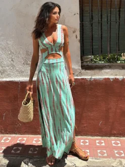 Robe longue tie-dye pour femme - Robe d'été bohème fluide sans manches décolleté en V et fente haute - Idéale pour les vacances d'été à la plage 2026