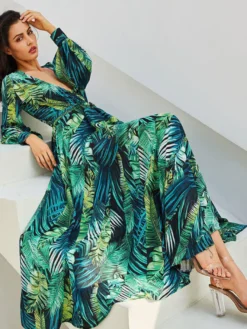 Robe longue tropicale pour femme - Robe portefeuille imprimée feuilles col en V et manches lanternes - Idéale pour les fêtes d'été à la plage 2026