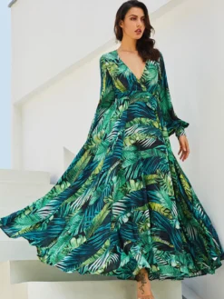 Robe longue tropicale pour femme - Robe portefeuille imprimée feuilles col en V et manches lanternes - Idéale pour les fêtes d'été à la plage 2026