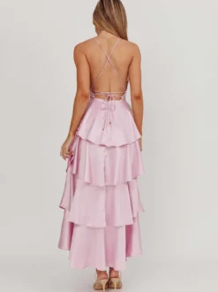Robe longue à volants et décolleté plongeant pour femme - Robe en satin à dos croisé et volants superposés - Tenue de soirée d'été 2026