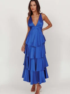 Robe longue à volants et décolleté plongeant pour femme - Robe en satin à dos croisé et volants superposés - Tenue de soirée d'été 2026