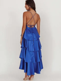 Robe longue à volants et décolleté plongeant pour femme - Robe en satin à dos croisé et volants superposés - Tenue de soirée d'été 2026