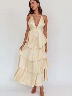 Robe longue à volants et décolleté plongeant pour femme - Robe en satin à dos croisé et volants superposés - Tenue de soirée d'été 2026