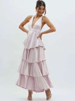 Robe longue à volants et décolleté plongeant pour femme - Robe en satin à dos croisé et volants superposés - Tenue de soirée d'été 2026