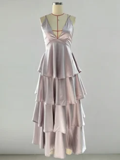 Robe longue à volants et décolleté plongeant pour femme - Robe en satin à dos croisé et volants superposés - Tenue de soirée d'été 2026