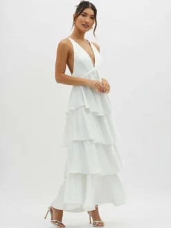 Robe longue à volants et décolleté plongeant pour femme - Robe en satin à dos croisé et volants superposés - Tenue de soirée d'été 2026