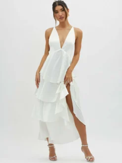 Robe longue à volants et décolleté plongeant pour femme - Robe en satin à dos croisé et volants superposés - Tenue de soirée d'été 2026