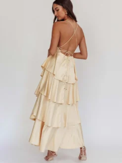 Robe longue à volants et décolleté plongeant pour femme - Robe en satin à dos croisé et volants superposés - Tenue de soirée d'été 2026