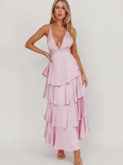 Robe longue à volants et décolleté plongeant pour femme - Robe en satin à dos croisé et volants superposés - Tenue de soirée d'été 2026