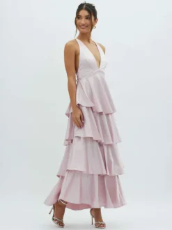 Robe longue à volants et décolleté plongeant pour femme - Robe en satin à dos croisé et volants superposés - Tenue de soirée d'été 2026