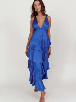Robe longue à volants et décolleté plongeant pour femme - Robe en satin à dos croisé et volants superposés - Tenue de soirée d'été 2026