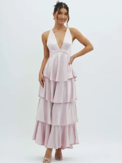 Robe longue à volants et décolleté plongeant pour femme - Robe en satin à dos croisé et volants superposés - Tenue de soirée d'été 2026