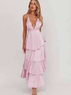 Robe longue à volants et décolleté plongeant pour femme - Robe en satin à dos croisé et volants superposés - Tenue de soirée d'été 2026