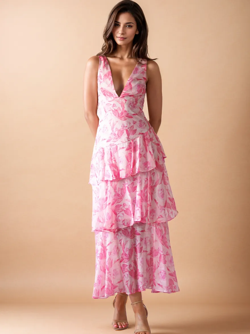Robe longue à volants superposés et imprimé floral avec décolleté en V profond et dos ouvert 2026