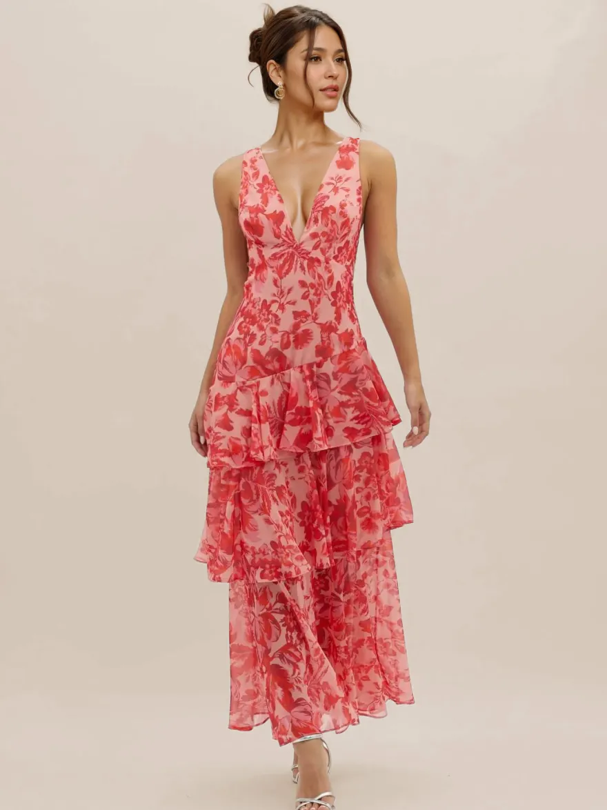 Robe longue à volants superposés et imprimé floral avec décolleté en V profond et dos ouvert 2026