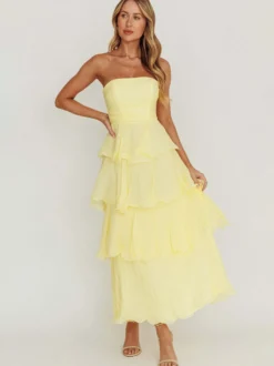 Robe longue à volants étagés pour femme - Robe tube trapèze sans manches à plusieurs épaisseurs - Idéale pour les invités aux mariages d'été 2026