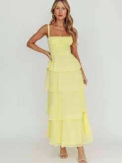 Robe longue à volants étagés pour femme - Fairycore col carré dos nu coupe trapèze - Invitée à un mariage d'été à la plage 2026