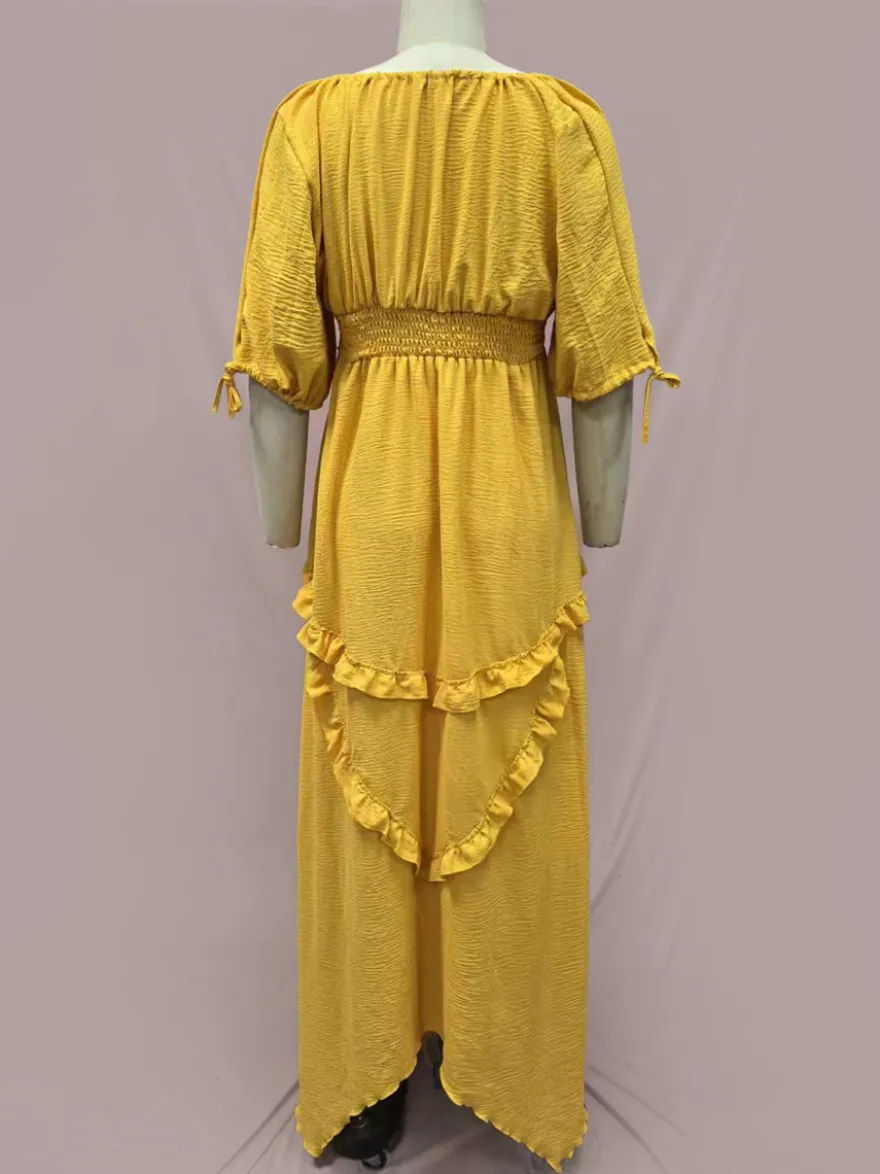 Robe maxi bohème à col carré pour femme - Robe longue fluide à manches trois-quarts ourlet à volants étagés et smocks - Collection été plage 2026
