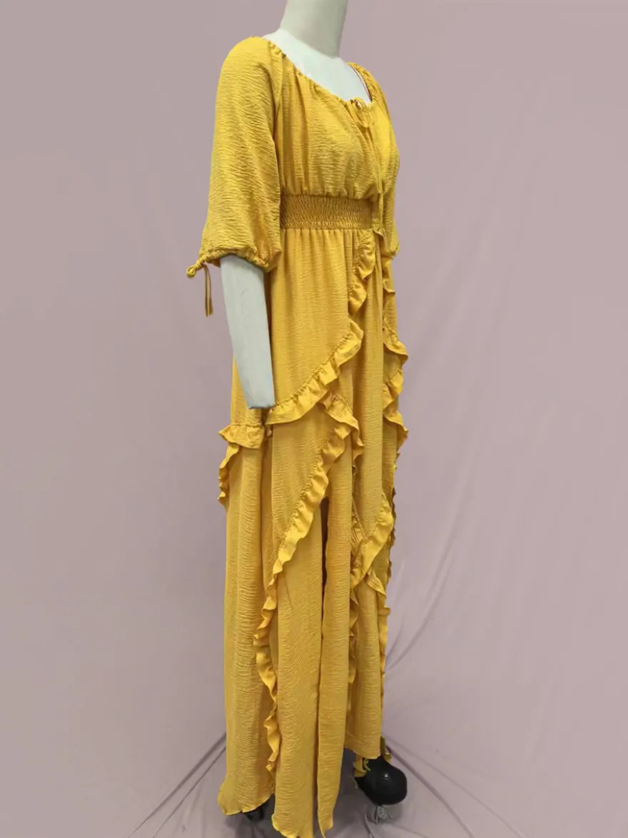 Robe maxi bohème à col carré pour femme - Robe longue fluide à manches trois-quarts ourlet à volants étagés et smocks - Collection été plage 2026