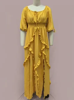 Robe maxi bohème à col carré pour femme - Robe longue fluide à manches trois-quarts ourlet à volants étagés et smocks - Collection été plage 2026