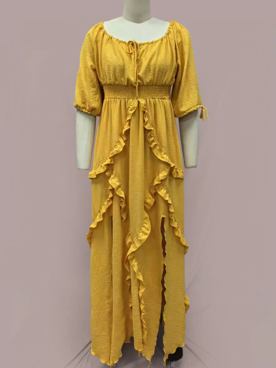 Robe maxi bohème à col carré pour femme - Robe longue fluide à manches trois-quarts ourlet à volants étagés et smocks - Collection été plage 2026