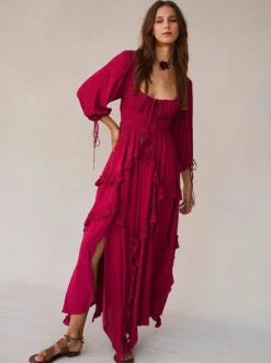 Robe maxi bohème à col carré pour femme - Robe longue fluide à manches trois-quarts ourlet à volants étagés et smocks - Collection été plage 2026