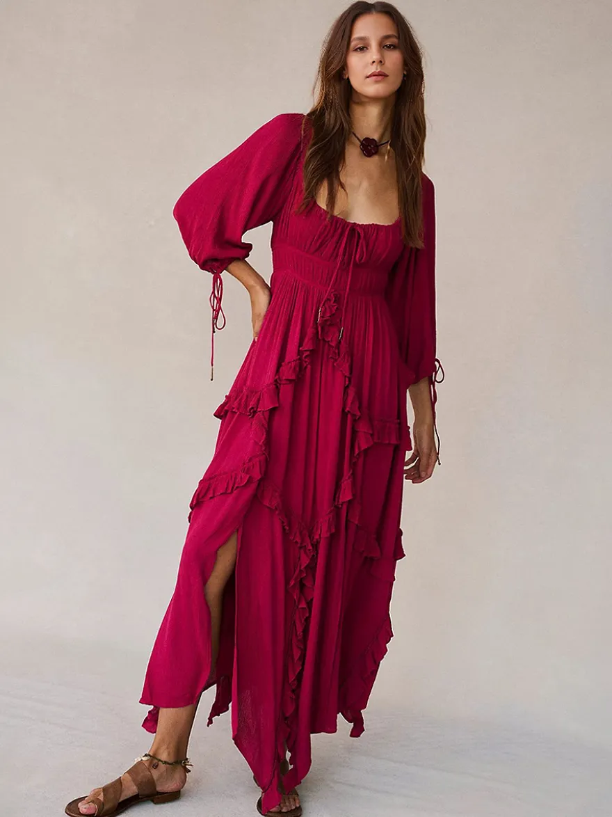 Robe maxi bohème à col carré pour femme - Robe longue fluide à manches trois-quarts ourlet à volants étagés et smocks - Collection été plage 2026
