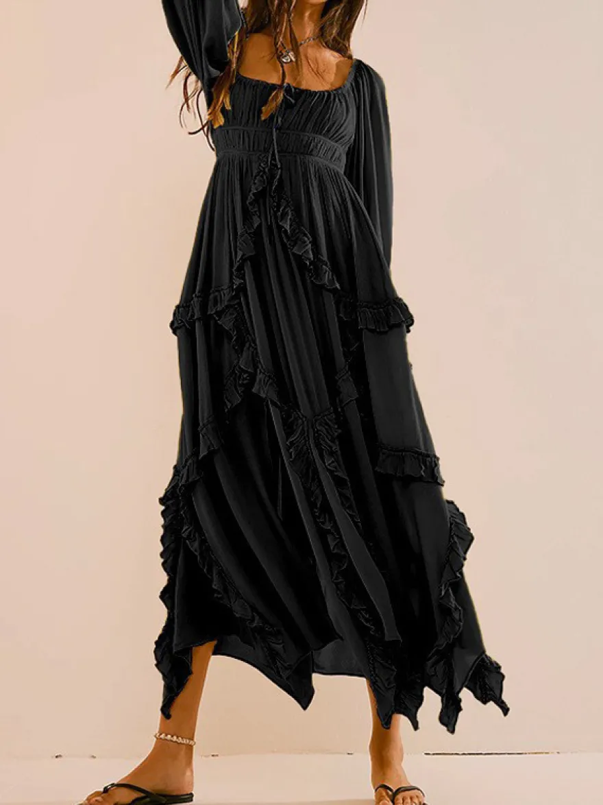 Robe maxi bohème à col carré pour femme - Robe longue fluide à manches trois-quarts ourlet à volants étagés et smocks - Collection été plage 2026