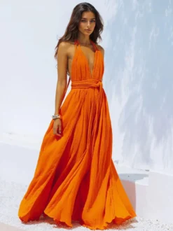 Robe maxi bohème dos nu pour femme - Robe longue sexy à décolleté plongeant en V col licou et ceinture à nouer - Collection été 2026