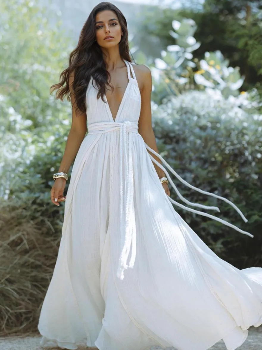 Robe maxi bohème dos nu pour femme - Robe longue sexy à décolleté plongeant en V col licou et ceinture à nouer - Collection été 2026