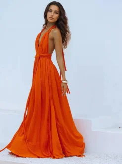 Robe maxi bohème dos nu pour femme - Robe longue sexy à décolleté plongeant en V col licou et ceinture à nouer - Collection été 2026
